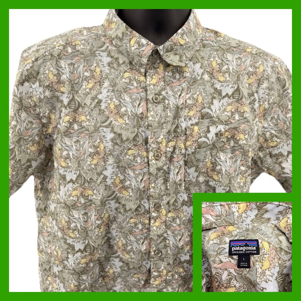 Patagonia Go To Shirt Men L Large Pinnacles Light Plume Grey SS Button Down‎